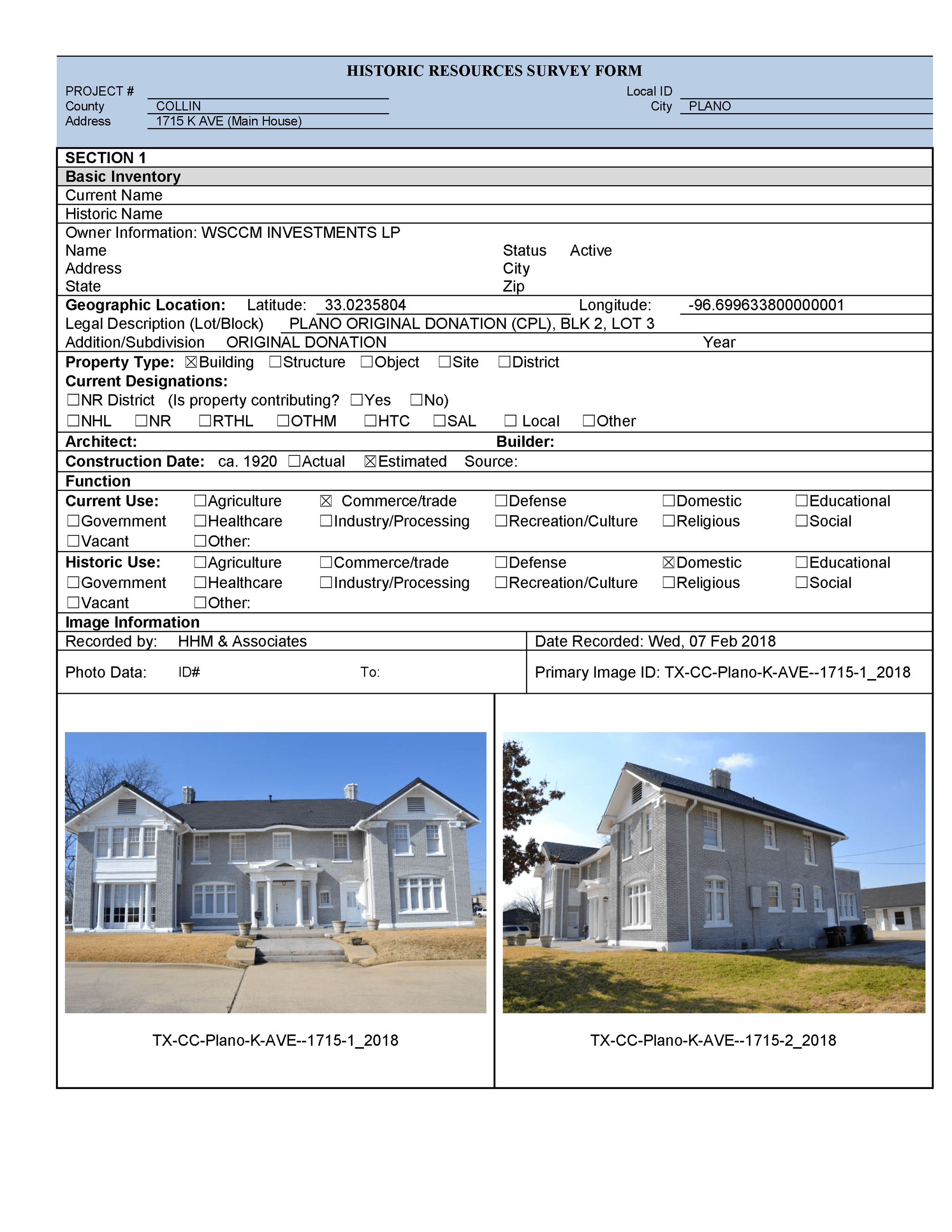 Reconnaissance Level Survey sample Page 1